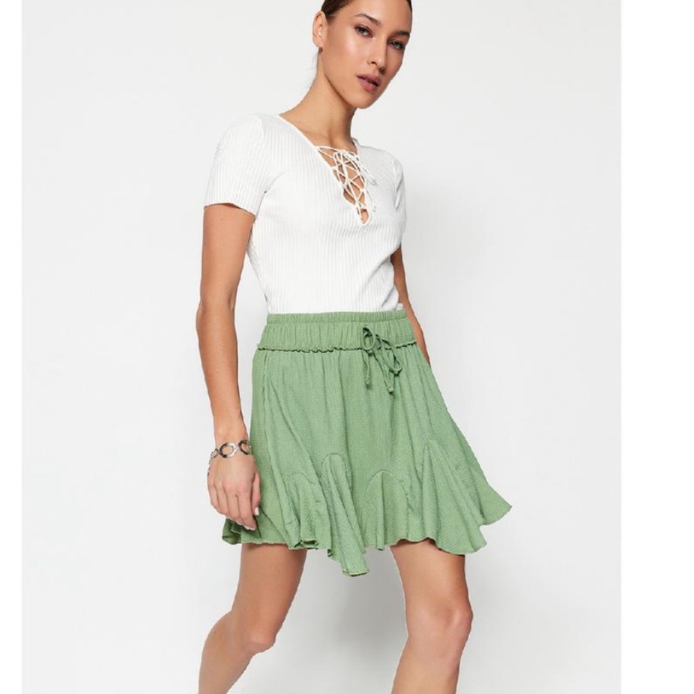 Audrey 3+1 Green Ruffled Skater Mini Skirt